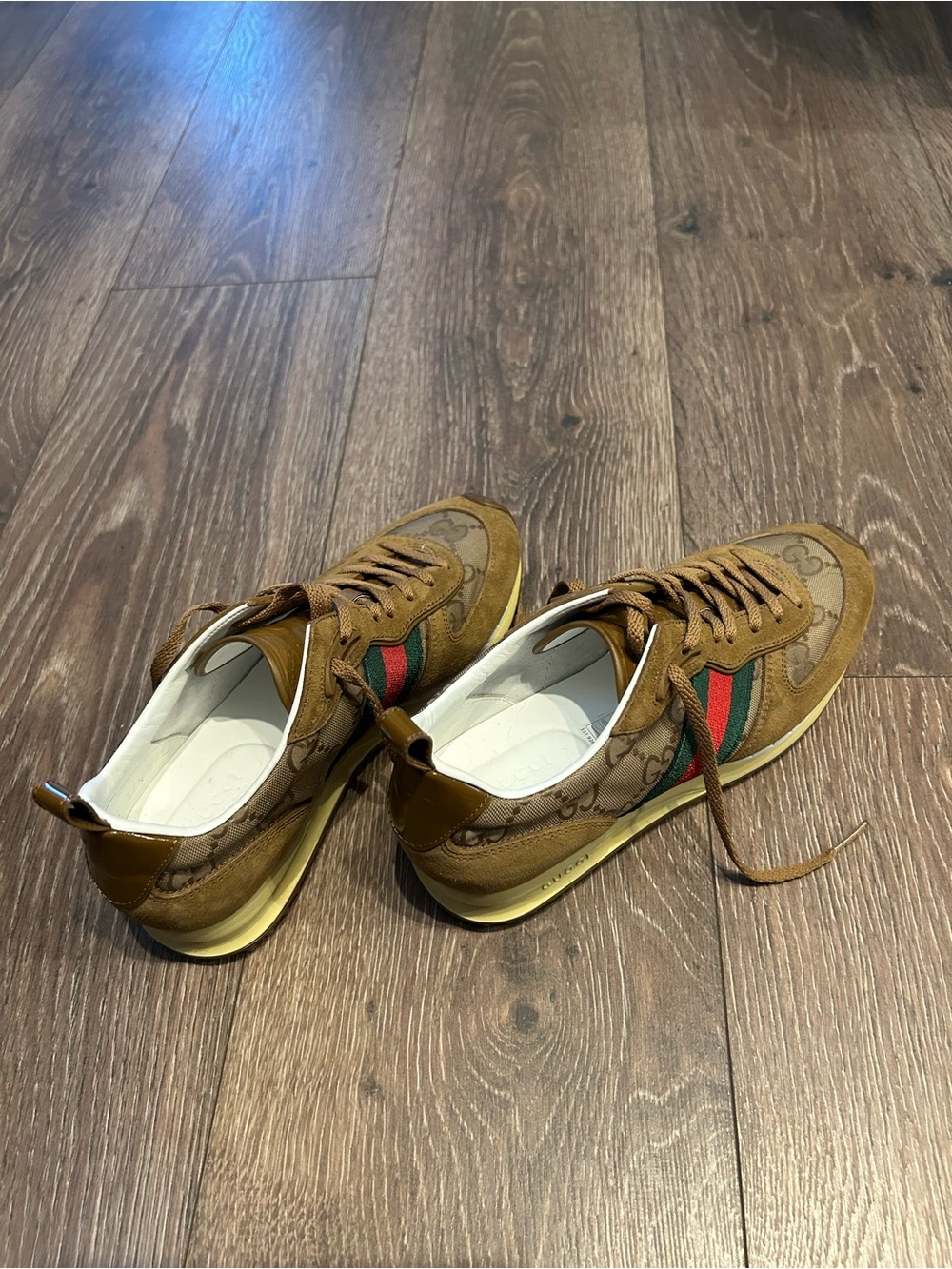 Gucci Brown Suede & GG Canvas Sneakers with Green-Red Web